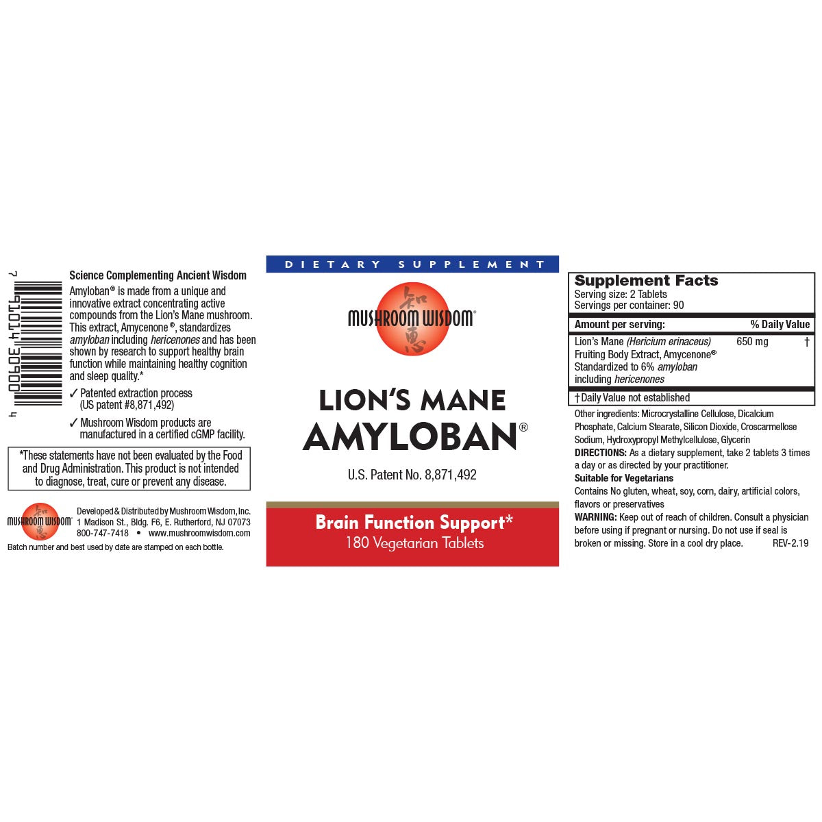 Lion's Mane Amyloban 650mg #180tabs Mushroom Wisdom