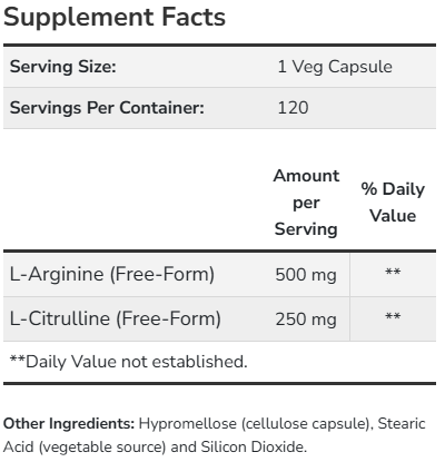 Arginine & Citrulline 500mg/250mg #240caps NOW